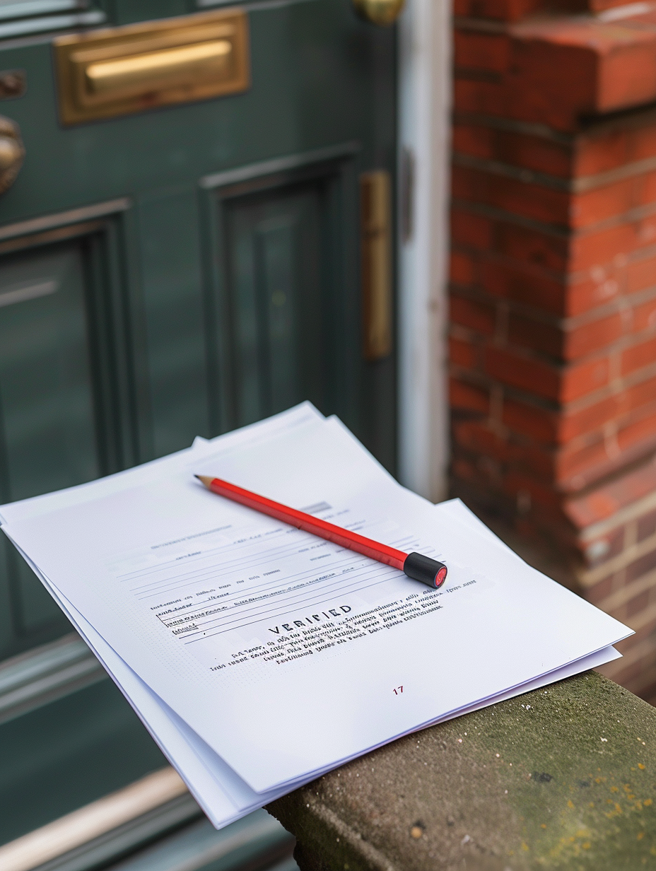 Marked-up paper proofs with a red editor's pencil and a 'VERIFIED' stamp resting on the stone doorstep of a London terraced house, with a dark green panelled front door blurred behind